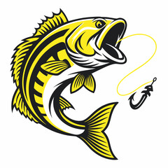 Fototapeta premium Stylized leaping fish with open mouth and fishing hook dangling from a line illustration art