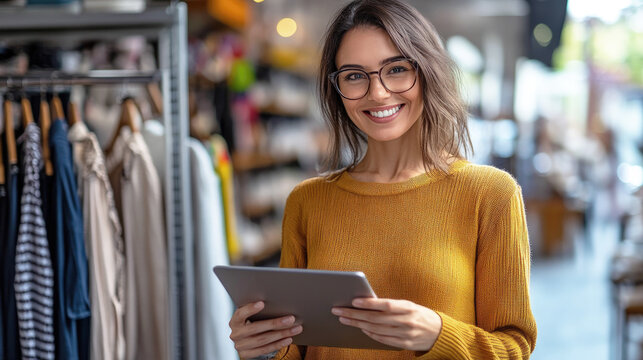 Smiling young woman with glasses using digital tablet in clothing store, representing modern retail, technology, customer service, and friendly fashion boutique environment.