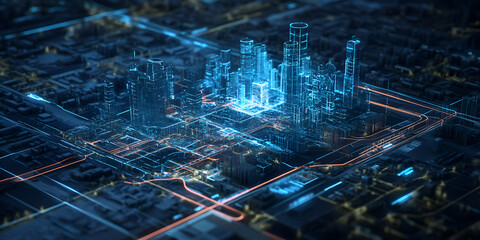 Futuristic cityscape with glowing neon buildings and high-tech digital grid, High-tech city architecture with glowing blue lights and digital infrastructure
