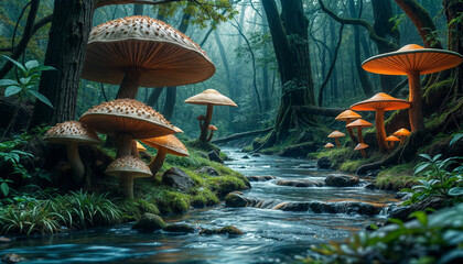 Fototapeta premium Glowing mushrooms in a fantasy forest