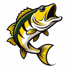 Fototapeta premium Illustration of a yellow fish with stripes jumping upwards with its mouth open on a white scene
