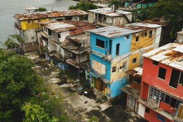 Aerial view capturing colorful buildings in Panama City with worn roofs and lush surroundings, takes aerial panama city