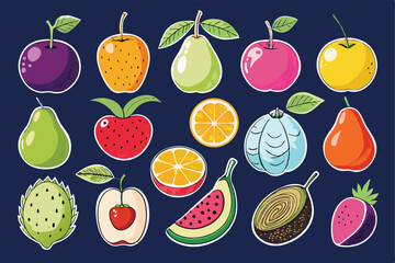 Fruits and berries. Trendy doodle vector illustration. Natural tropical fruits. Fig, cherry, apple, peach, lemon, avocado, pineapple Vector
