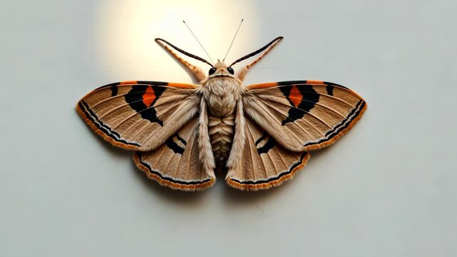 Moth in close-up with a white background.