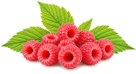 A luscious cluster of ripe raspberries nestled amongst vibrant green leaves, bursting with summer's sweetness and juicy delight against a bright white background.