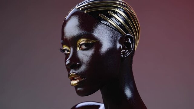 Studio portrait of a fashion model showcasing avant-garde makeup and a striking golden headpiece, creating a captivating and artistic image