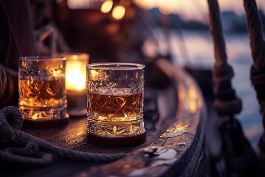 Pirate ship mood with rum and candlelight at dusk near the shore, Rum on a pirate ship