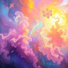 Obraz premium Celestial Bloom: A dreamy, abstract illustration of a cosmos filled with vibrant, swirling clouds of pink, orange, and purple hues.