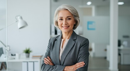 Happy elegant older mature lady posing for portrait standing in office
