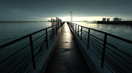 Pier with Railings Extending into Water at Sunset