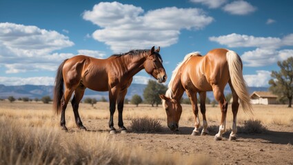 Obraz premium Wild American mustang colts and yearlings in the High Sierra Desert near a rural residential area, believed to be part of the Band Herd.