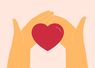 Human Hands hold big red heart. Concept of love, charity and donation blood and organ. Vector illustration