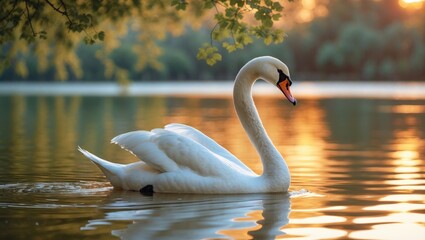 Fototapeta premium White Swan on the Lake. Mute Swan smoothly moving across the Lake during sunset. Incredible scene, stunning majestic Swan on the Lake in illumination, fairy tale, beauty.