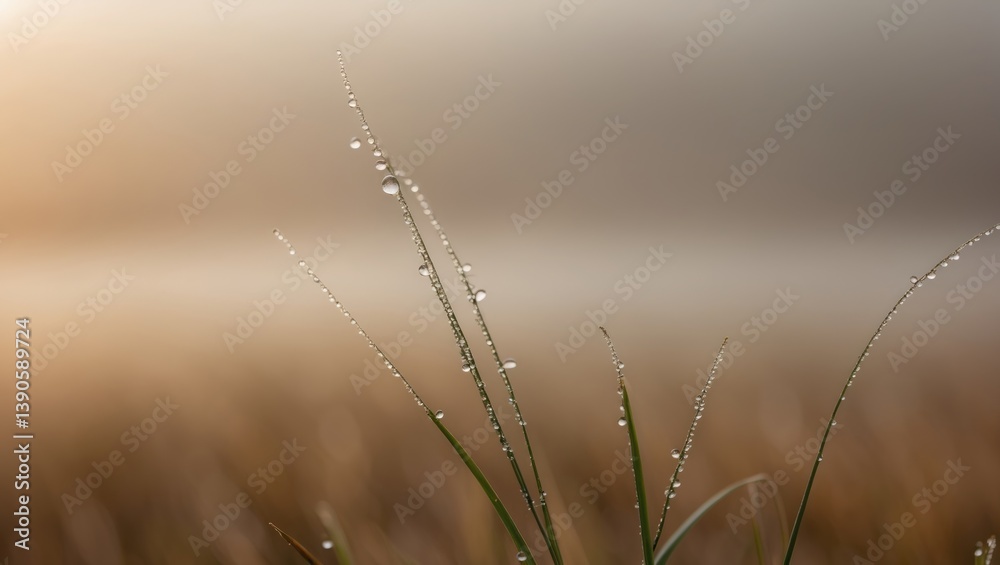 Wall mural fragile blades of grass embellished with sparkling dew droplets gently sway in the soft breeze, fram