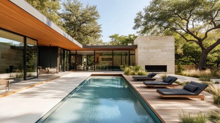 Modern architectural house with swimming pool, outdoor seating, and lush greenery in bright sunlight