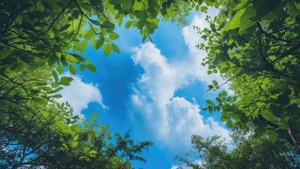 Looking up at blue sky and clouds through tree canopies, bordered by green foliage.
