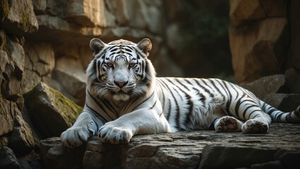 White tiger resting on a rock.