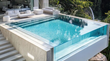Fototapeta premium Luxurious Modern Infinity Pool Overlooking Tropical Landscape with Elegant Architecture and Serene Atmosphere