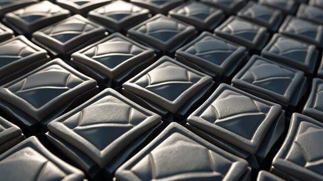 Close-up of layered tiles. Clay-formed tiles organized in a design with black paint, seamless background texture.