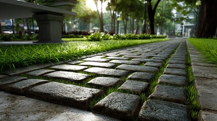 Fototapeta premium Stone Pathway Park Green Grass Cobblestone Road Summer Sunlight Nature Walkway Scenic Path Beautiful Tranquil Serene Peaceful Outdoor Environment Lush Greenery Relaxing Landscape Design Garden Pathway