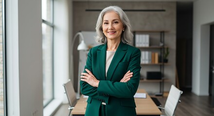 Happy elegant older mature lady posing for portrait standing in office