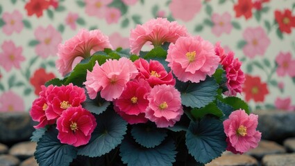 Detailed view of blooming pink and red geraniums, set against a floral wallpaper of pink and red flowers