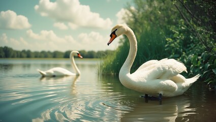Fototapeta premium White swan at the edge of the lake. Swan on the shore. Swan on the beach.