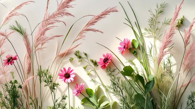 Isolated backdrop featuring bent grasses and wild pink cornflowers from meadows. Abstract depiction of fresh wildflower grasses and herbs.