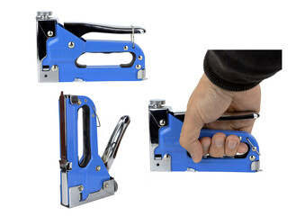 Metal construction stapler with blue body, in hand on white isolated background. PNG format