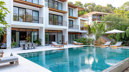 Fototapeta premium Modern luxury resort with pool surrounded by tropical greenery and sun loungers, featuring open architecture, elegant design and relaxing resort-style ambiance.
