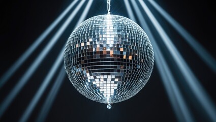 In the middle of the image, a lone disco ball is suspended, illuminated by a spotlight overhead. Its mirrored surface reflects countless sparkling dots, generating a captivating light display.