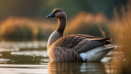 Obraz premium Wild geese, birds at the pond's edge getting ready for migration, nature reserve and avian migration, wildlife, flock arrangement, natural lighting