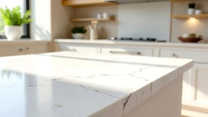 Marble empty white table top fron view, blur minimalistic scandy kitchen interior background in brown wooden colour and light wood, for montage product display or design key visual layout