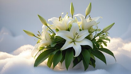 Fototapeta premium White lilies flowers with foliage. Floral backdrop.