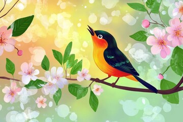 Beautiful bird sings joyfully on a flowering branch during a sunny spring morning, beautiful bird sings on a flowering branch