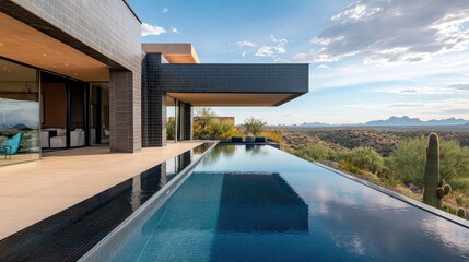 Fototapeta premium Modern Desert Villa with Infinity Pool Overlooking Scenic Mountains and Cloudy Sky in a Serene Landscape