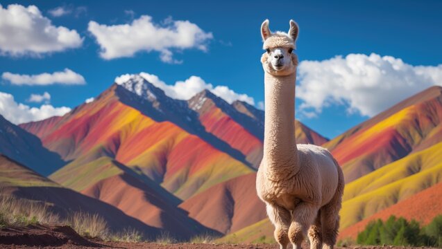 Rainbow mountains with alpaca
