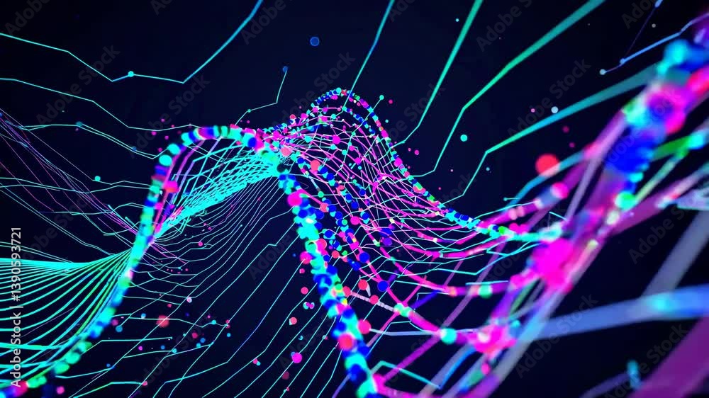 Poster dynamic particles and colorful lines flowing and creating an abstract digital wave in a dark digital