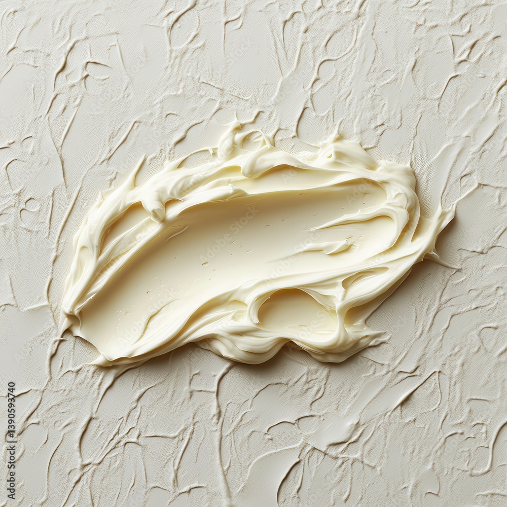 Poster delicate cream texture spread on a textured surface in natural lighting, showcasing a blend of shape
