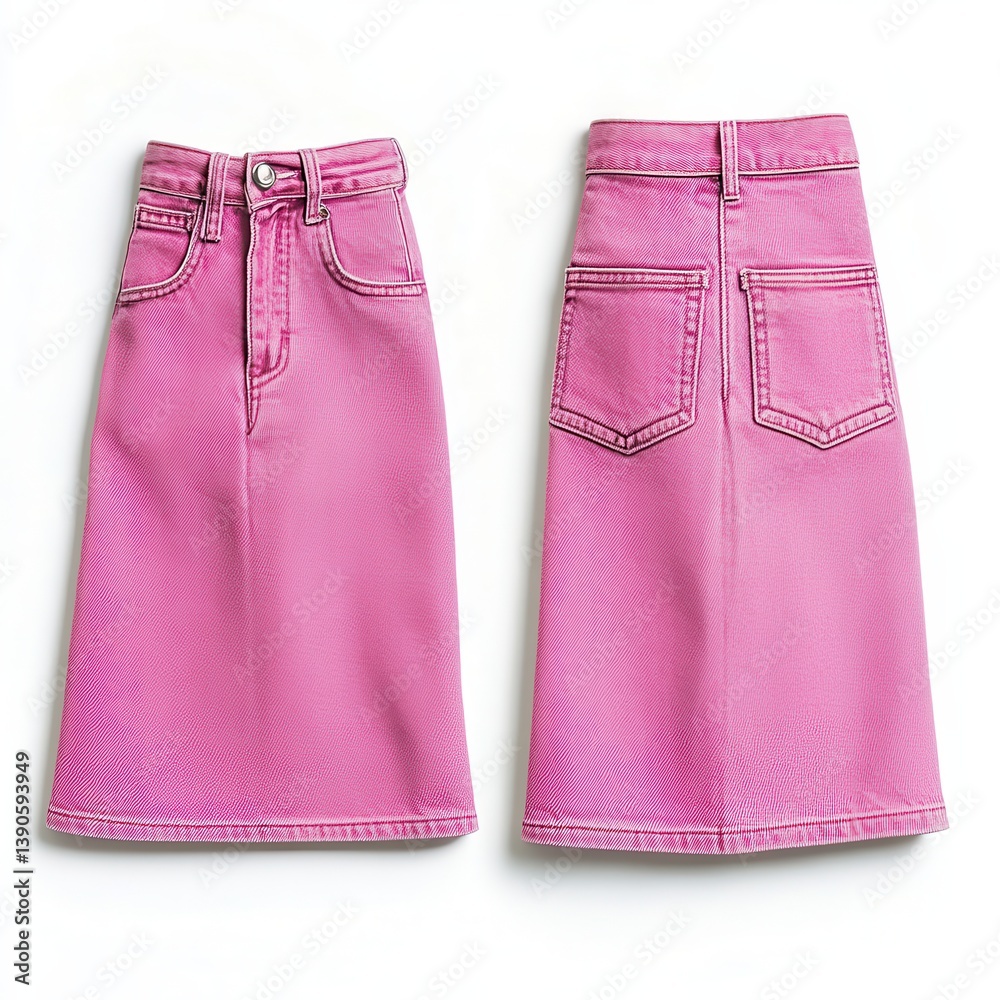 Poster pink denim skirt displayed from front and back angles showcasing vibrant color and stylish design fo