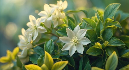 White jasmine flower set against a backdrop of green leaves. This flower is grown in various locations.