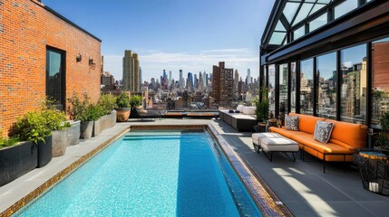 Obraz premium Stunning Rooftop Pool with City Skyline View and Modern Lounge Area in Urban Environment