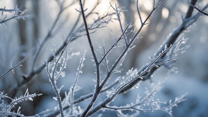 A vertical perspective of tree branches frozen in ice.