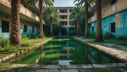 An abandoned hotel complex's swimming pool has turned green due to algae growth.