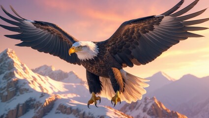 Obraz premium Bald eagle flying over snowy mountain range
