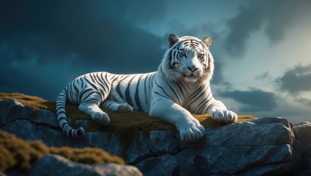 white tiger resting against a backdrop