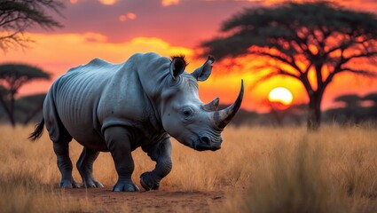 Fototapeta premium White Rhinoceros at Sanctuary Sunset