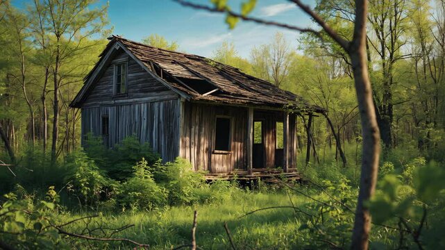 A decrepit, deserted wooden cottage nestled among trees in the woods. Theme of neglect and decay. Region of abandoned communities. Woodland watchtower.