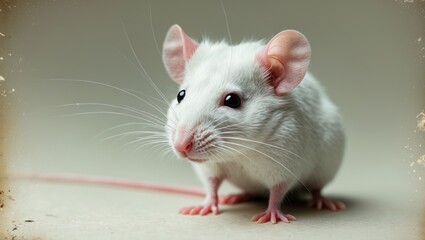 White laboratory mouse in motion on a background, close-up