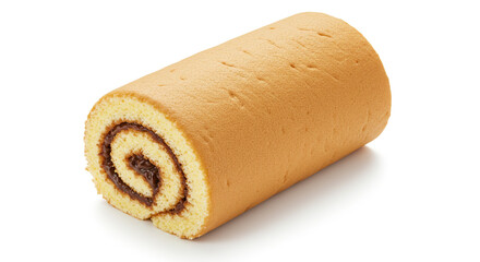 A tempting golden swiss roll with a swirl of dark brown filling, inviting a delightful treat against a bright white background.